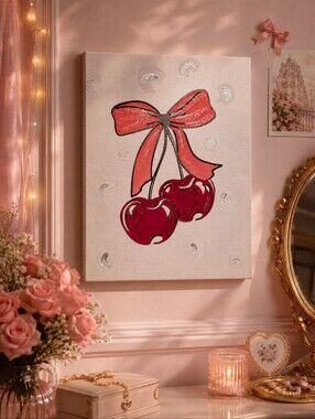 Hand-Embellished Cherry Bow Canvas Art | Girly Wall Decor | 15.5" x 11.5"